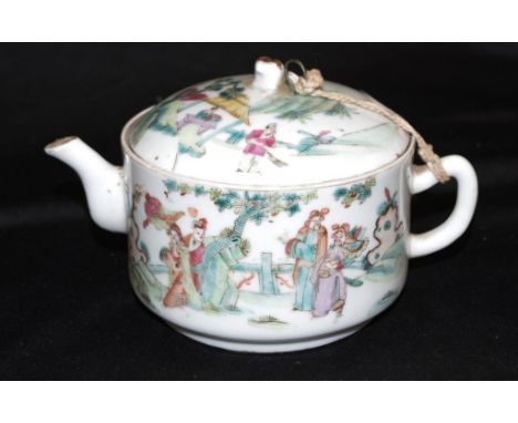 Chinese vintage hand painted teapot hand painted decoration of figures in a garden setting, with written script, character ma