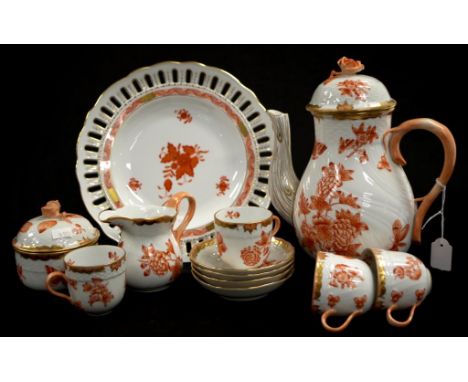 Good Herend hand painted coffee set a total of 12 pieces, including 4 each coffee cups and saucers, cream jug, covered sugar 