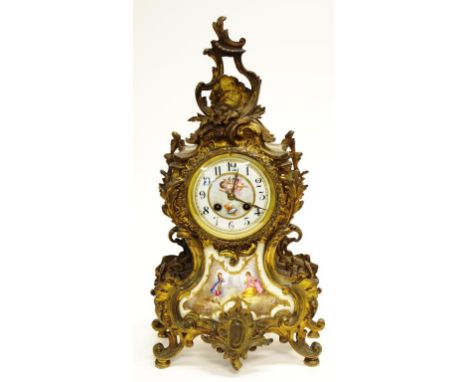 Antique French Japy Freres ormolu mantle clock with handpainted courting and cherub inset decoration, untested key and pendul