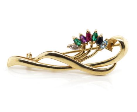 Multi gemstone set 9ct yellow gold brooch , set with a diamond, topaz, emerald, sapphire, amethyst. Marked 9k. Approx weight 