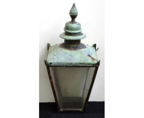 Large antique copper lamp with one glass panel missing. Condition a/f. 95cm tall and 45cm by 45cm.