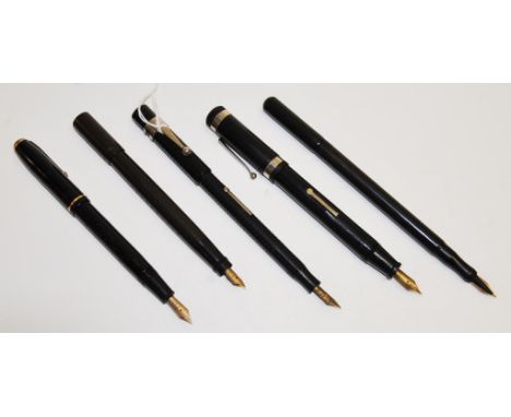 Five vintage fountain pens comprising black flat top pen with compass, black flat top 'The Empress', Conway Stewart No. 28 wi