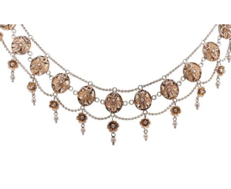 Anglo Indian silver filigree collar necklace with floral decorated panels, chain links and ball finial hanging decoration. Ap