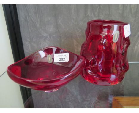 A Whitefriars glass triform dish in ruby red 14cm wide, labelled, and a Whitefriars ruby red 'Knobbly' glass vase, 12.5cm hig