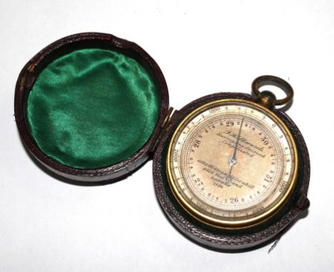 A pocket Aneroid barometer by J.H. Stewards, dated 1839 on the silvered dial, in a fitted leather case 5cm diameter