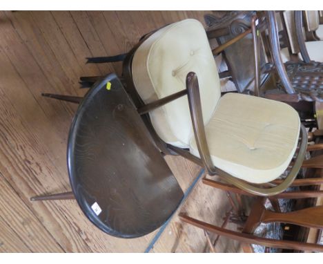 A dark stained Ercol occasional table, with drop flap, 60cm wide, and an Ercol dark stained armchair (requires new webbing), 