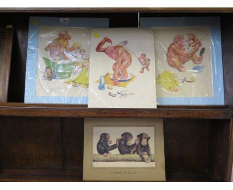 After Lawson Wood A Hunting We Will Go 16cm x 26cm and three other monkey cartoons after the same artist (4)