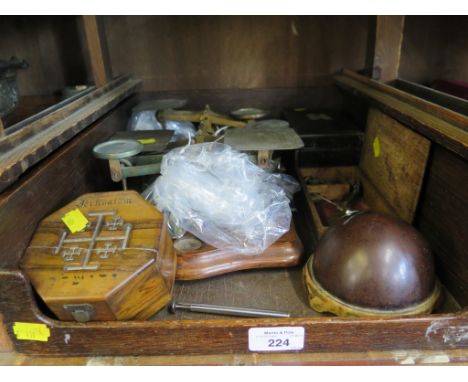 Three brass postal scales, a pair of balances, an olivewood box and two other boxes