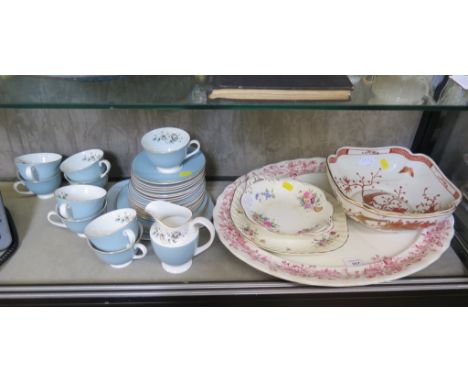 A Furnivals red transfer printed floral design meatplate, 50cm wide, a Royal Doulton Rose Elegans tea service, Minton and Coa