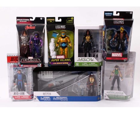 One box containing a collection of various DC and Marvel Universe blister packed and boxed action figures to include Hasbro, 