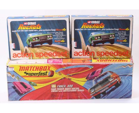 A Matchbox Superfast track .800 box set containing a collection of track with various loose playworn diecasts, together with 