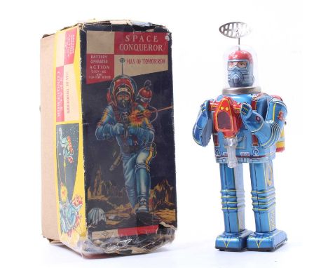 A Daiya of Japan tinplate and battery operated model of The Space Conqueror Man of Tomorrow robot comprising of blue body wit