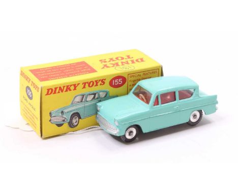 Dinky Toys No. 155 Ford Anglia comprising turquoise body with red interior, and spun hubs, in the original all-card box (NM-M