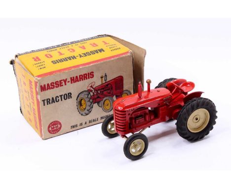Lesney MOKO, 745D Massey Harris tractor, bright red body, cream hubs with rubber tyres, gold detailing, with chimney, steerin