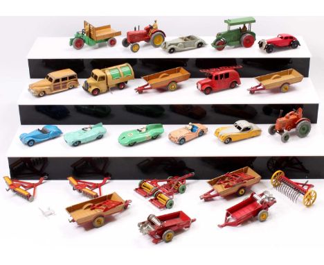 One tray containing a quantity of various playworn and repainted Dinky Toys, mixed examples to include a No. 238 Jaguar type 