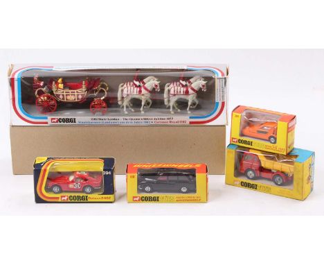 Corgi Toys boxed model group of 5 comprising No. 494 Bedford Tipper Truck, No. 394 Datsun 240Z, No. 389 Bond Bug, No. 418 Aus