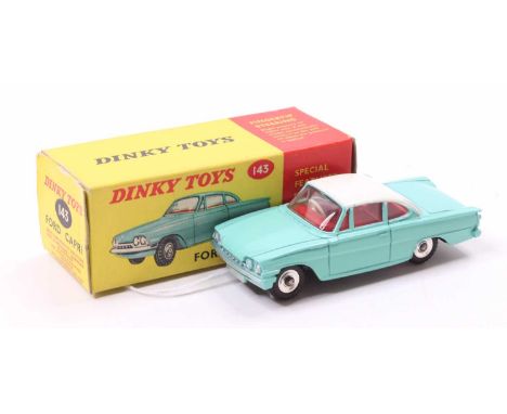 Dinky Toys 143, Ford Capri, turquoise body with white roof, red interior, spun hubs, in the original card box (NMM-BNM)