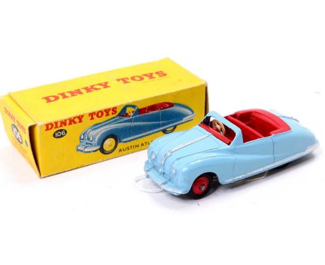 Dinky Toys, 106, Austin Atlantic Convertible, light blue body with red interior, red hubs, in the original all card correct c