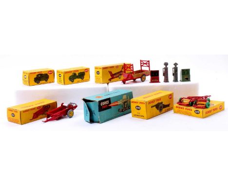 Dinky Toys boxed farming group of 3 comprising No. 323 Triple Gang Mower (NM-BVG), No. 321 Massey Harris Manure Spreader (NM-