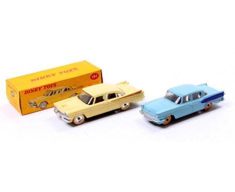 Dinky Toys, 191 Dodge Royal Sedan, cream body with tan rear flash, with plated concave hubs with white tyres, in the original