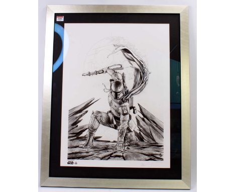 Star Wars Framed and Glazed Gilcee Black and white limited edition print of Boba Fett, 108/150 released, by Adi Granov