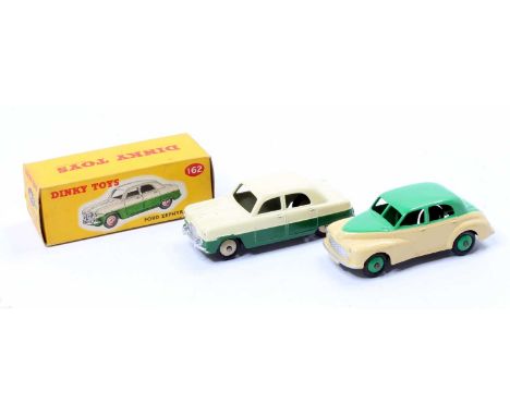 Dinky Toys saloon group, 2 examples comprising a boxed No. 162 Ford Zephyr Saloon in green and cream with cream hubs, sold in