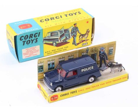 Corgi Toys No. 448 BMC Mini Police Van with tracker dog comprising of a dark blue body with red interior, and spun hubs, toge