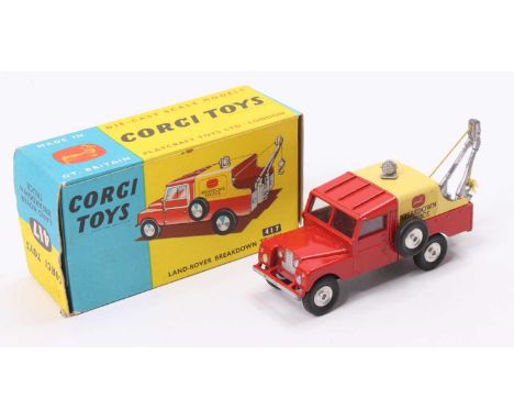 Corgi Toys No. 417 Land Rover breakdown truck, red body with yellow tinplate canopy, spun hubs, in the original blue and yell