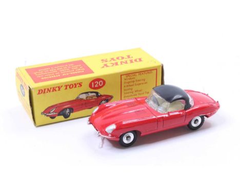 Dinky Toys No. 120 Jaguar E-type comprising red body with cream interior and black roof, with spun hubs, in the original pict