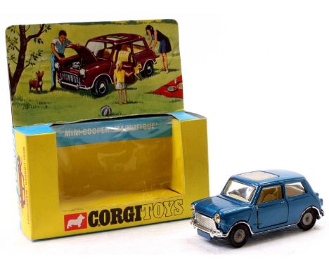 Corgi Toys No. 334 Mini Cooper "Magnifique" blue body, cream interior with chrome trim and cast hubs in the original window b