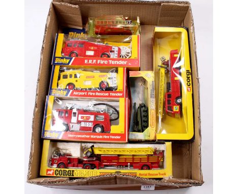 A collection of Dinky and Corgi Toys Fire Engine models including Dinky No. 263 Airport Fire Rescue, No. 266 ERF Fire Tender,