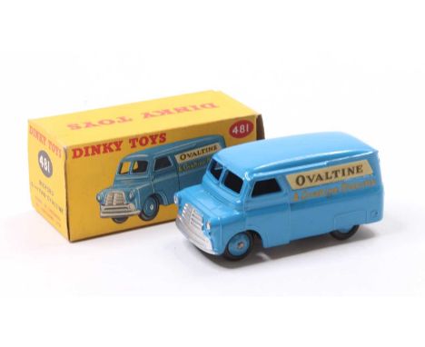 Dinky Toys No. 481 Bedford Ovaltine delivery van comprising blue body with blue hubs and Ovaltine livery, in the original pic