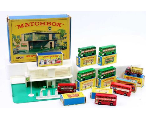 A collection of boxed Matchbox Lesney models including MG1 BP Service Station in white and green, the model is missing the me
