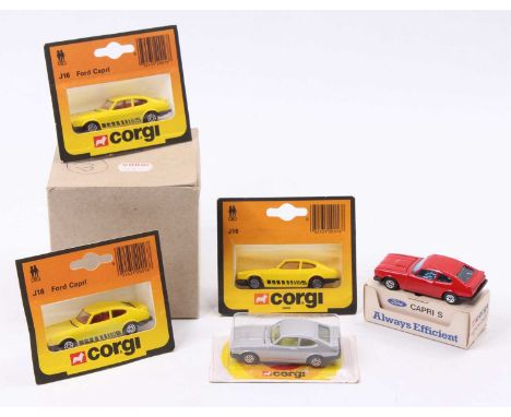 A collection of 5 Corgi Juniors Ford Capri's comprising an original Corgi Toys trade box containing 3 in yellow with a red in