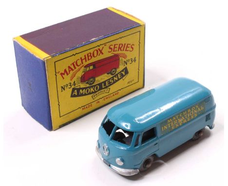 Matchbox Lesney No. 34 VW Panel Van in blue with metal wheels, silver trim, and "Matchbox International Express" decals on th
