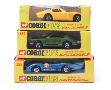 Corgi Toys Whizzwheels boxed group of 3 comprising No. 377 Marcos 3 Litre, No. 382 Porsche Targa 911S, and No. 385 Porsche 91