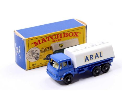 Matchbox Lesney No. 25 Bedford Petrol Tanker, German issued model in blue and white with "ARAL" decals, sold with its box dep