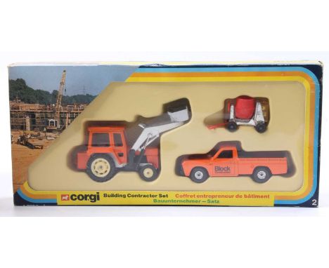 Corgi Toys Gift Set No. 2 Building Constructor Set comprising a Massey Ferguson 50B Tractor with shovel, a Mazda Pick-Up, and