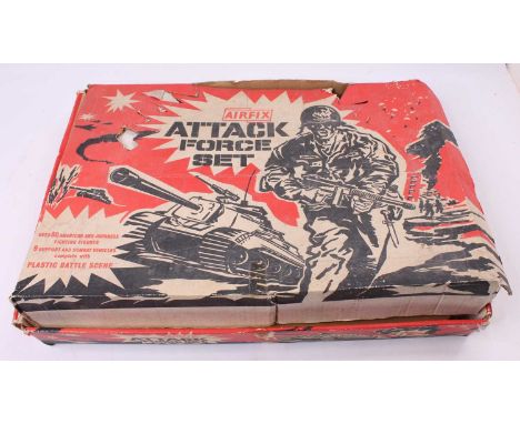 An original Airfix Attack Force gift set and contents to include plastic battle scene playbase which is damaged and cracked, 
