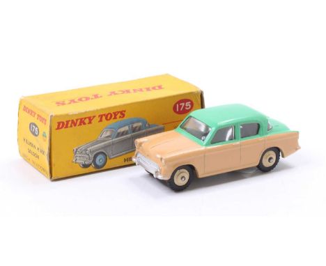 Dinky Toys, 175 Hillman Minx saloon, two-tone, dark crean body, green roof and boot, beige hubs, correct spot on box (NM,BNM)