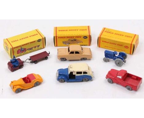 Dinky Dublo Toys group of 6 comprising No. 061 Ford Prefect (VNMM-BVNMM), No. 069 Massey Harris Ferguson Tractor (VNMM-BVG), 