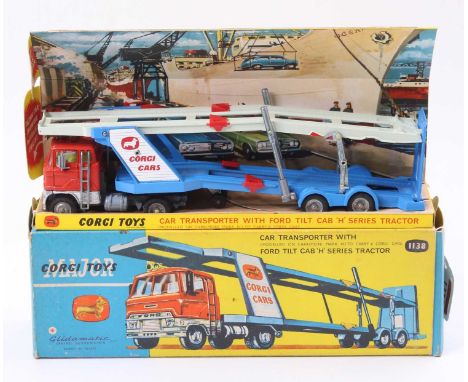 Corgi Toys 1138 Car Transporter with Ford Tilt Cab H series tractor unit and trailer, comprising of red and blue body with ca