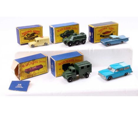 A small collection of Matchbox Lesney comprising boxed models No. 14 Daimler Ambulance, No. 57 Chevrolet Impala, No. 54 Sarac