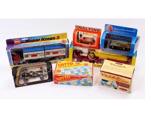 A mixed collection of toys including a boxed Corgi Toys No. 1143 American LaFrance Aerial Rescue Truck (VNM-BVG), No. 154 Joh