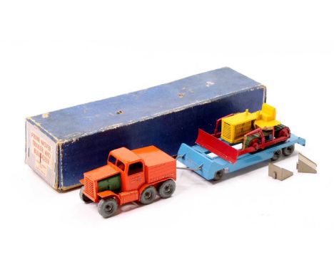 Moko Lesney Toys large scale Prime Mover with Low Loader Trailer &amp; Caterpillar Bulldozer load - orange Prime Mover with w