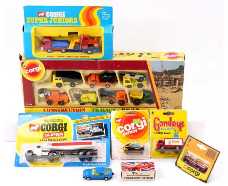 A collection of boxed Corgi Juniors models including No. 3100 Construction Gift Set, No. E2007 Low Loader and Shovel, a Leyla
