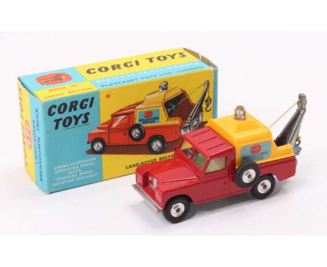 Corgi Toys No. 477 Land Rover breakdown truck in red with a yellow canopy and 'Breakdown Service' labels, with spun hubs, hou