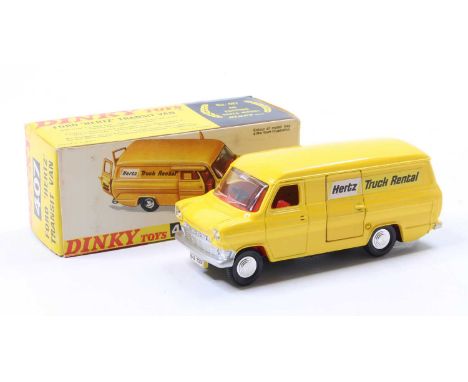 Dinky Toys No. 407 Ford Hertz Transit van comprising yellow body with blue base plate and red interior, with Hertz livery, ho