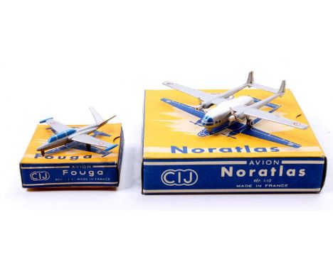 CIJ France boxed aircraft group of 2 military models comprising a Noratlas twin engine in silver, and a Fouga CM170R jet figh