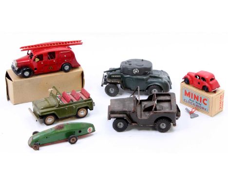 Collection of tinplate and plastic Triang Minic and tinplate vehicles to include Triang Minic Fire engine in a buff coloured 